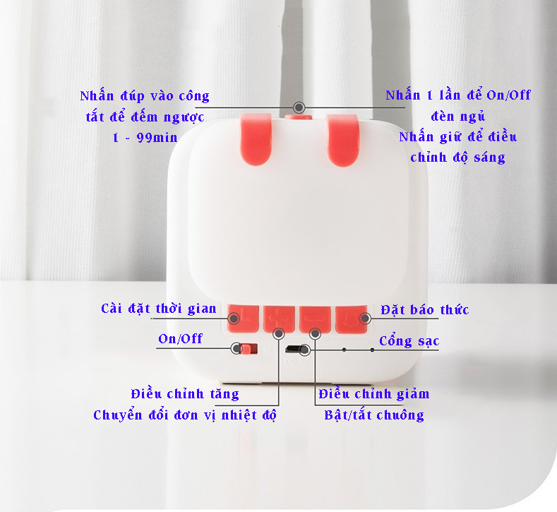 Đồng hồ báo thức Xiaochen cảm ứng âm thanh tích hợp đèn ngủ điều chỉnh độ sáng với tính năng hẹn giờ, hiển thị nhiệt độ, pin sạc 5V/1200mA