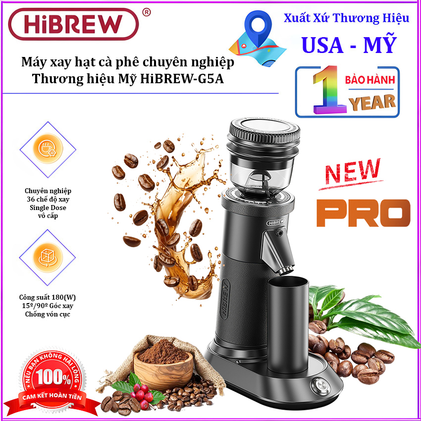 Máy xay hạt cà phê chuyên nghiệp Single Dose, tích hợp 36 chế độ xay. Thương hiệu Mỹ cao cấp HiBREW-G5A. HÀNG CHÍNH HÃNG