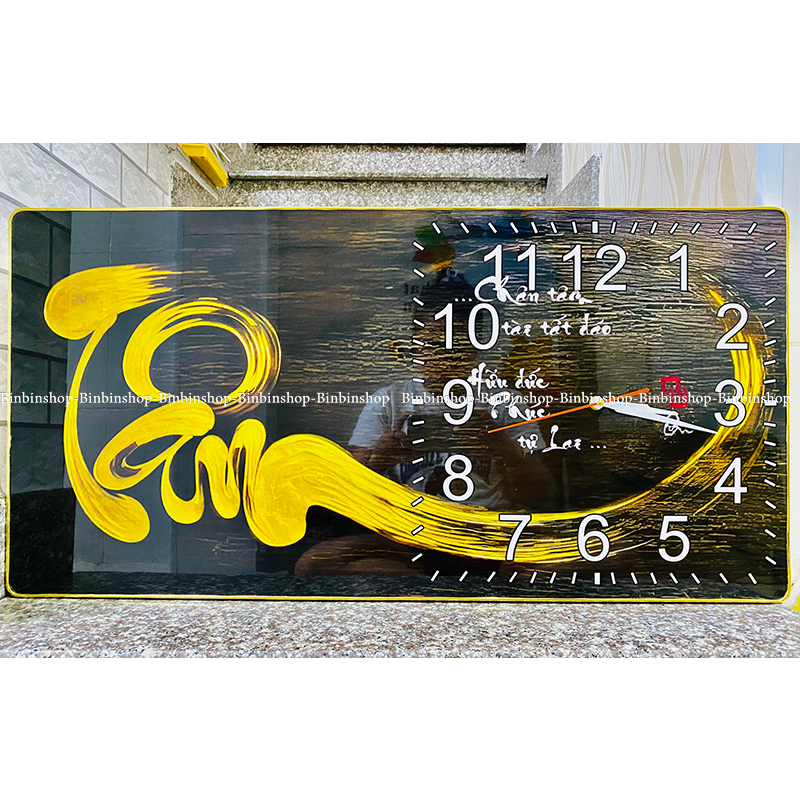 (ẢNH THẬT) Tranh đồng hồ tráng gương chữ tâm vàng tặng kèm pin và đinh 3 chân