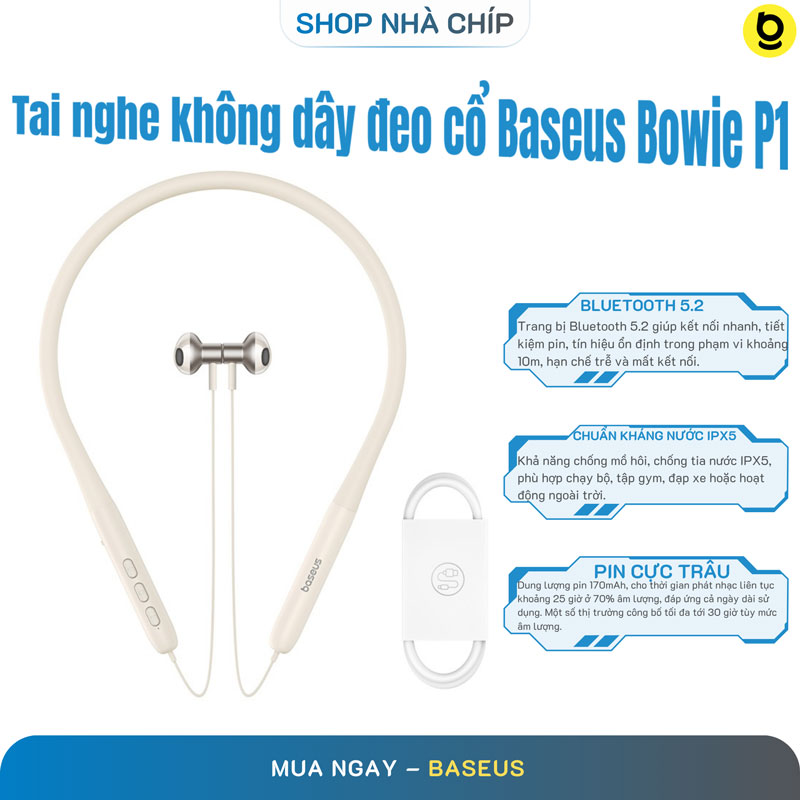 Tai nghe không dây đeo cổ nửa trong tai Bluetooth Thể Thao, kháng nước Baseus Bowie P1 (25hr/Bluetooth 5.2, Waterproof, Half In-ear Neckband Wireless Earphones) - Hàng Chính Hãng