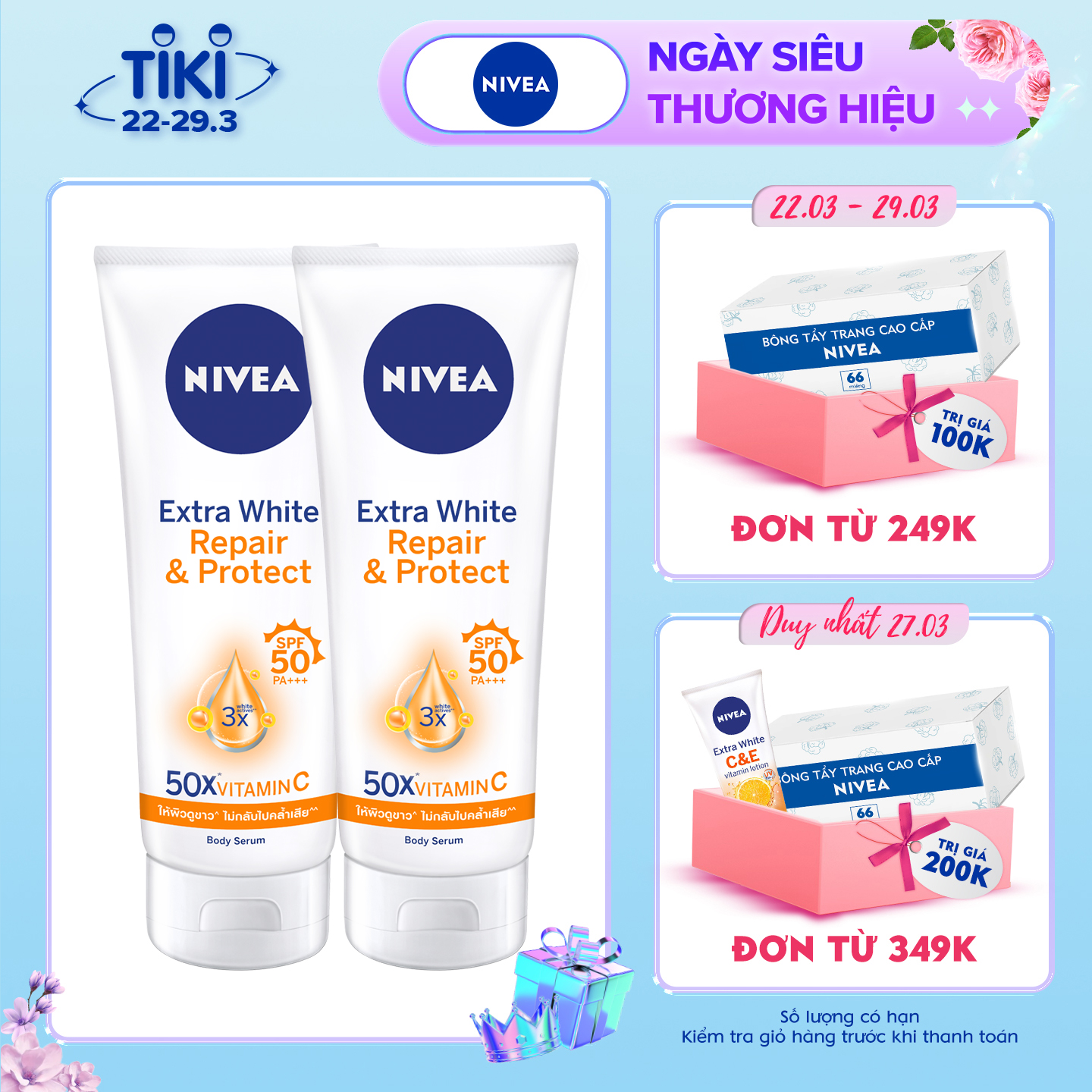 Combo 2 Tinh Chất Dưỡng Thể Dưỡng Trắng NIVEA Ban Ngày Giúp Phục Hồi &amp; Chống Nắng SPF50 (180ml) - 88314