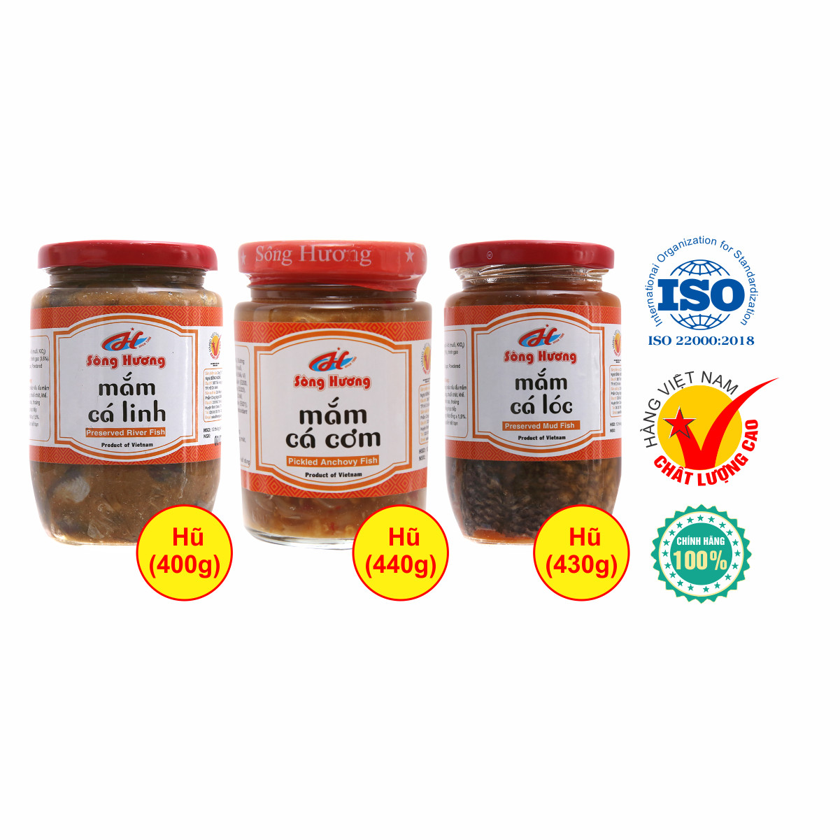 Combo 1 Hũ Mắm Cá Linh 400g + 1 Hũ Mắm Cá Cơm 440g + 1 Hũ Mắm Cá Lóc 430g Sông Hương Foods