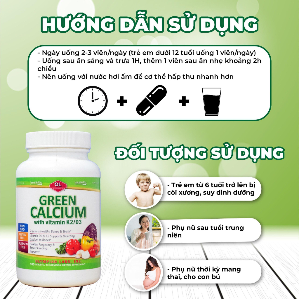 Viên Uống Olympian Labs Green Calcium Bổ Sung Canxi Hữu Cơ Cho Bà Bầu, Trẻ Em, Người Lớn - Hộp 100 Viên