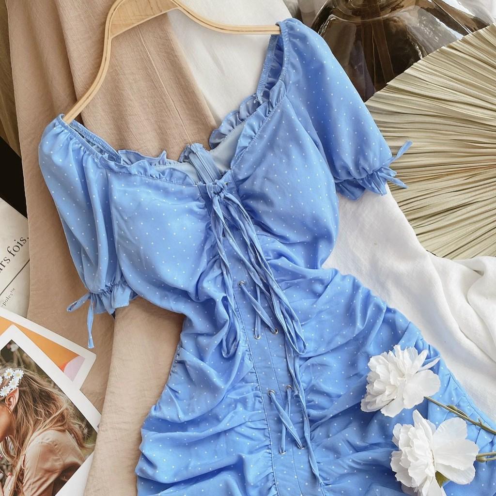 Đầm Xanh Chấm Bi Nhún Thân Thắt Nơ Ngực Chân Bèo - Hậu Nguyễn Store