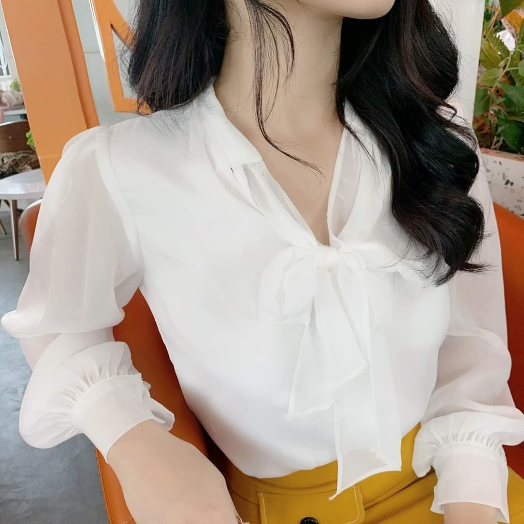 Áo sơ mi nữ cách điệu tơ nơ cổ 3 màu trơn công sở V537 KY