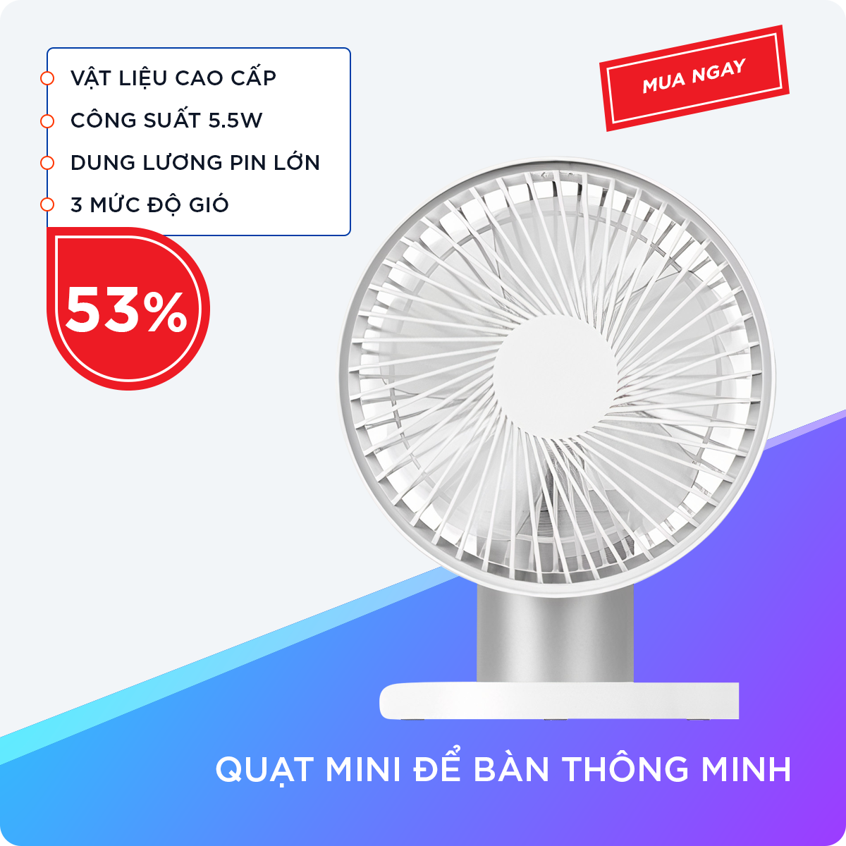 Quạt Mini Để Bàn Thông Minh Với 3 Mức Độ Gió, Dung Lượng Pin 2000mAh Công Suất 5.5W