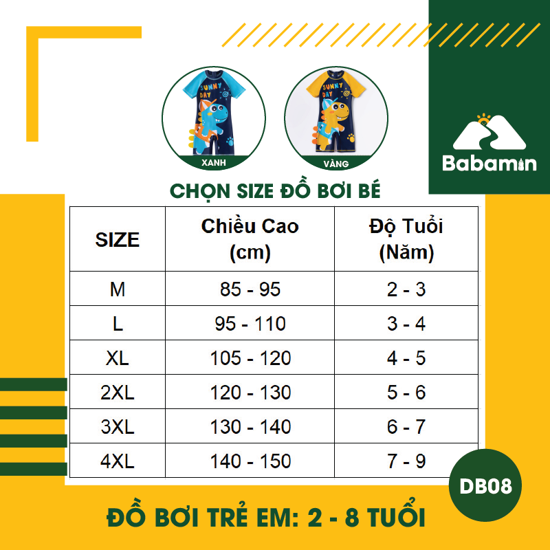 Đồ Bơi Trẻ Em Bé Trai Liền Thân 2 - 8 Tuổi - Babamin - Họa Tiết 3D Khủng Long - DB08