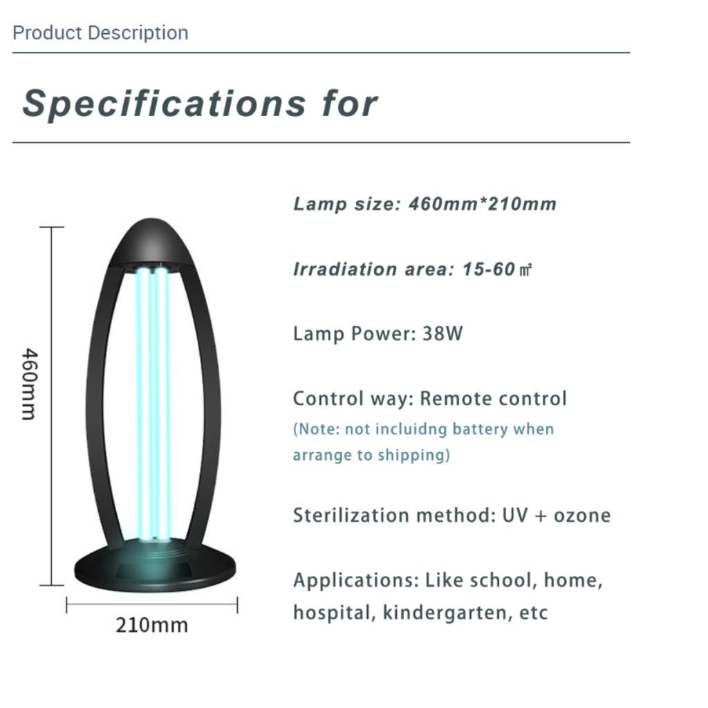 Đèn Khử Trùng UV 38w 40m2 Ultraviolet Tube kèm Remote