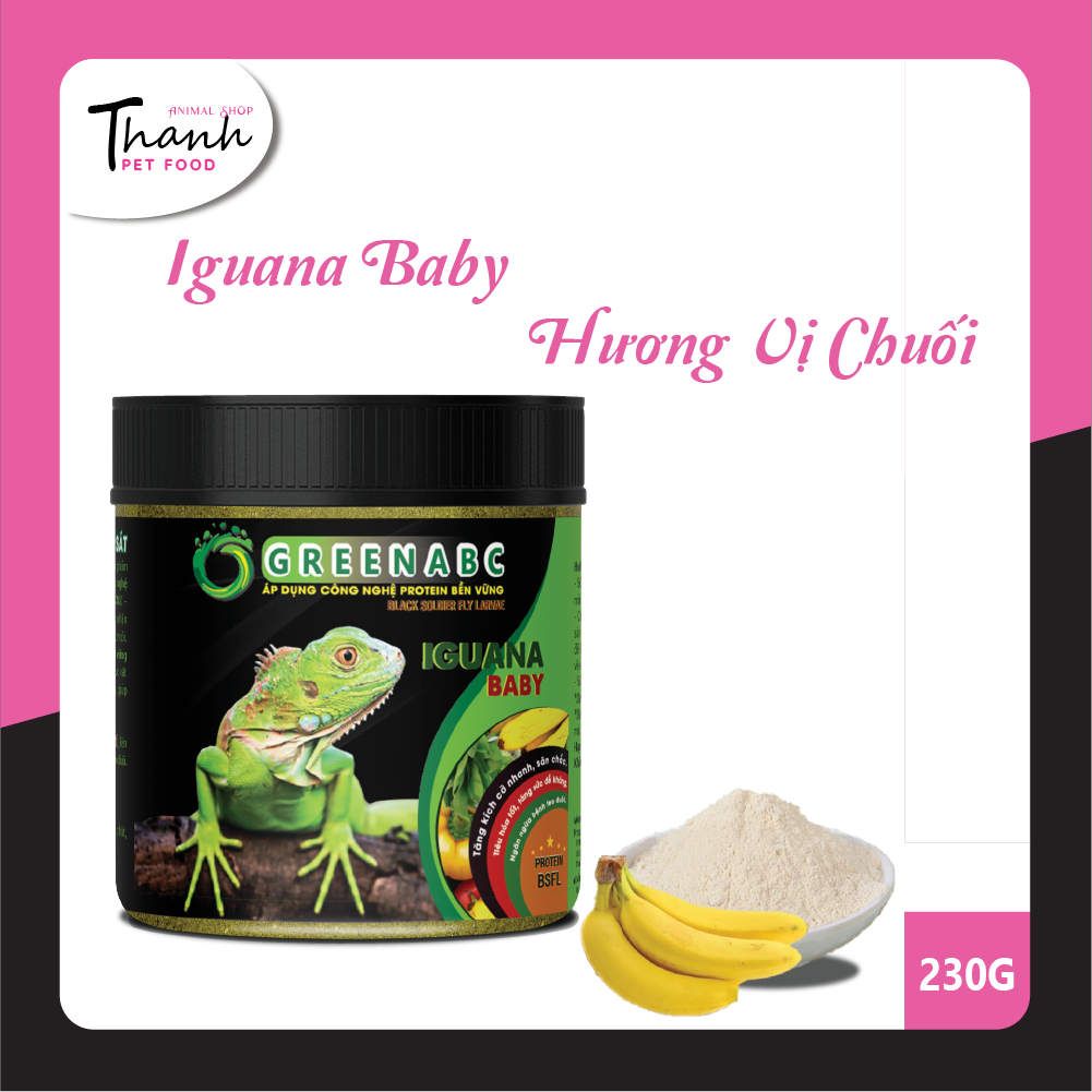 Thức ăn bò sát Iguana Baby của nhãn GREENABC vị chuối dùng cho Iguana từ mới nở cho đến 9x - Tăng trưởng nhanh, lên màu đẹp, phòng chống MBD, teo đuôi – Hộp 230g