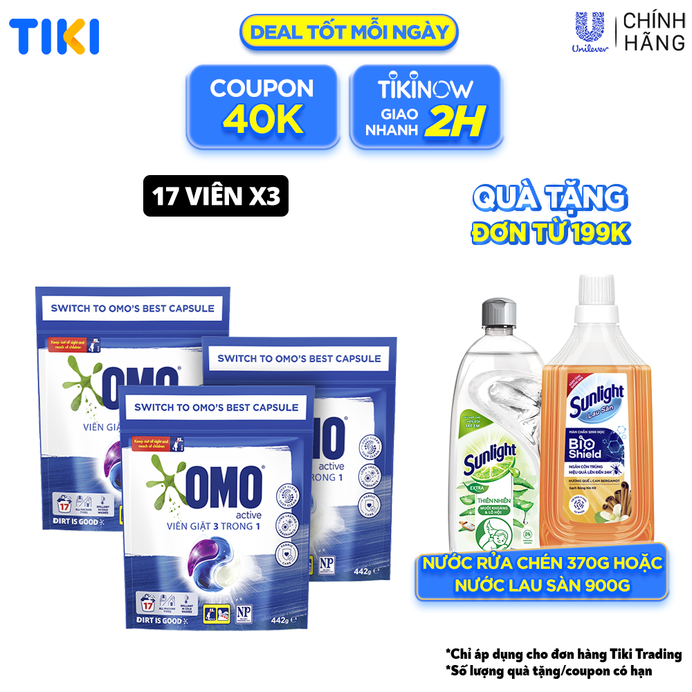 Combo 3 Túi Viên Giặt Quần Áo Omo Cho Máy Giặt Cửa Trước Và Cửa Trên Công Nghệ Anh Quốc 17 Viên