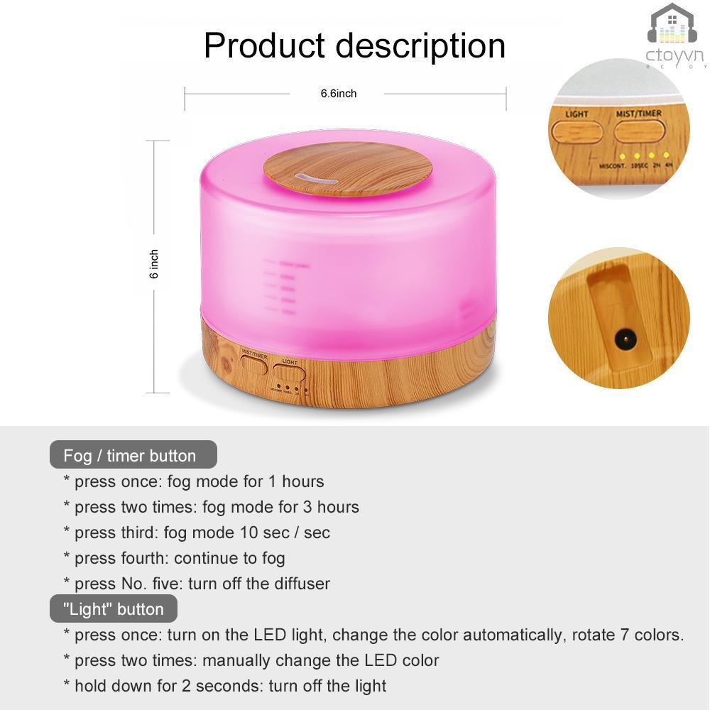 Máy khuếch tán tinh dầu tạo độ ẩm không khí có đèn LED 7 màu điều khiển 3 chế độ điều khiển từ xa 500ml