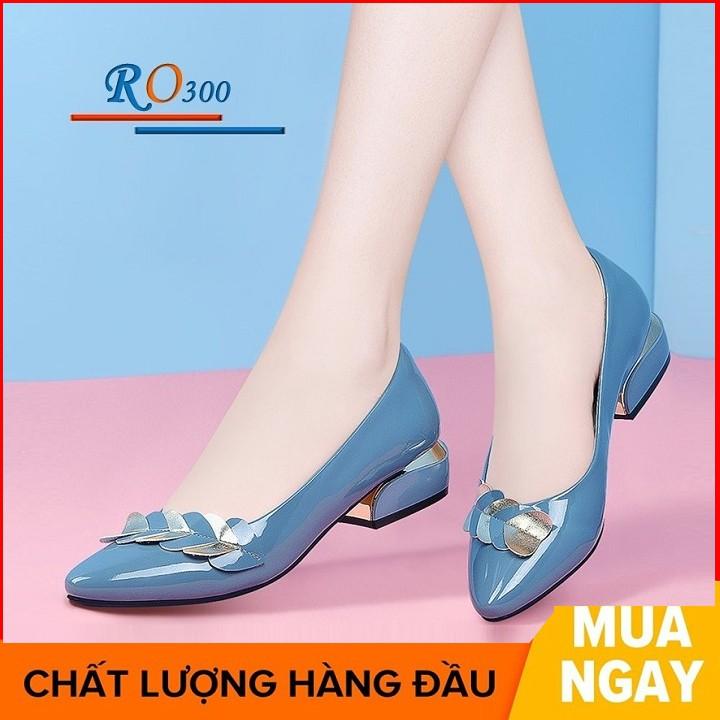 Giày búp bê nữ cao gót 2 phân hai màu đen xanh hàng hiệu rosata ro300