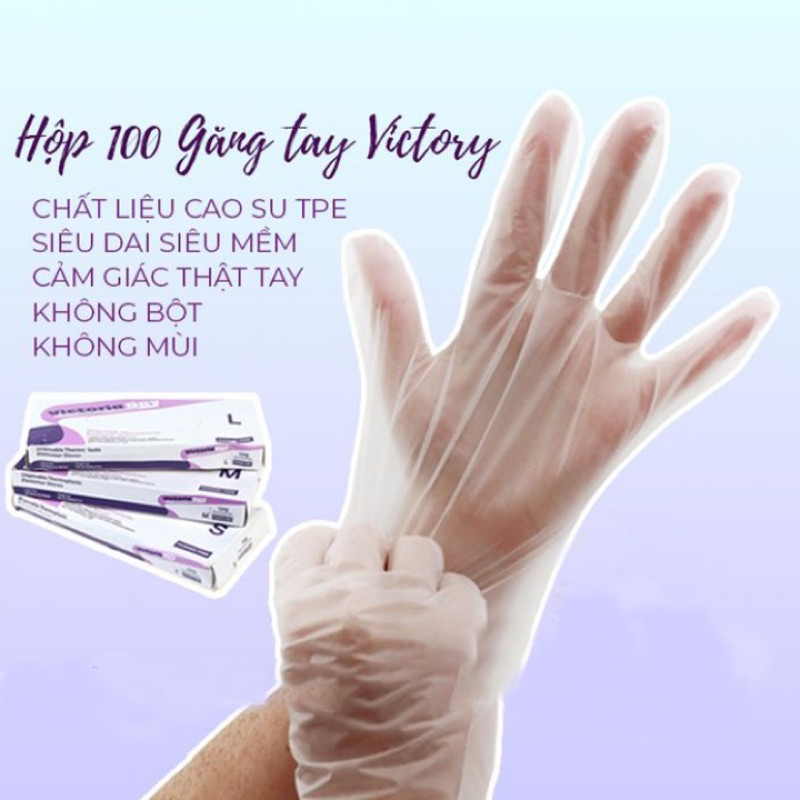 Hộp 100 găng tay cao su TPE Victoria Bay, bao tay siêu dai dùng 1 lần làm bếp nấu ăn vệ sinh, cảm ứng điện thoại, kháng khuẩn, chống mùi Hàng chính hãng