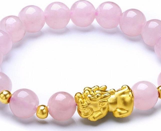 Lắc Tay Thạch Anh Hồng Tỳ Hưu Bạc Mạ Vàng 24K 10MM