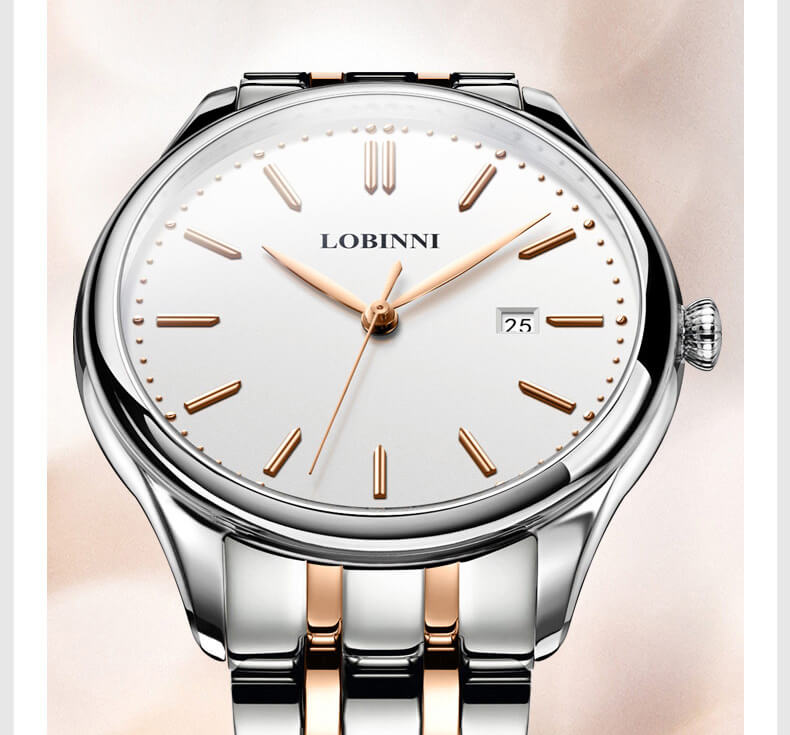 Đồng hồ đôi Lobinni L3017-1 chính hãng Thụy Sỹ ,Kính sapphire ,chống xước ,Chống nước 30m,mặt trắng vỏ vàng dây kim loại thép không gỉ 316L,Máy điện tử (Quartz) ,Bảo hành 24 Tháng,thiết kế đơn giản ,trẻ trung và sang trọng