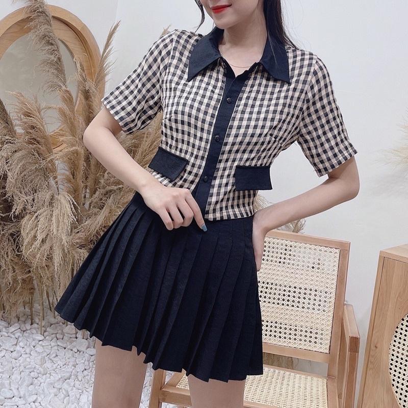 Set đồ bộ áo caro chân váy xếp ly - Đầm thiết kế