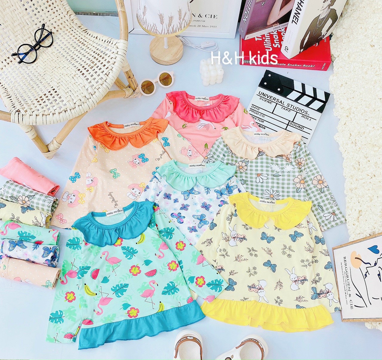 Đồ Bộ Dài Tay Bé Gái Thun Lạnh Minky Cổ Lá Sen Hình Thỏ Hồng Hạc Hoa Cúc