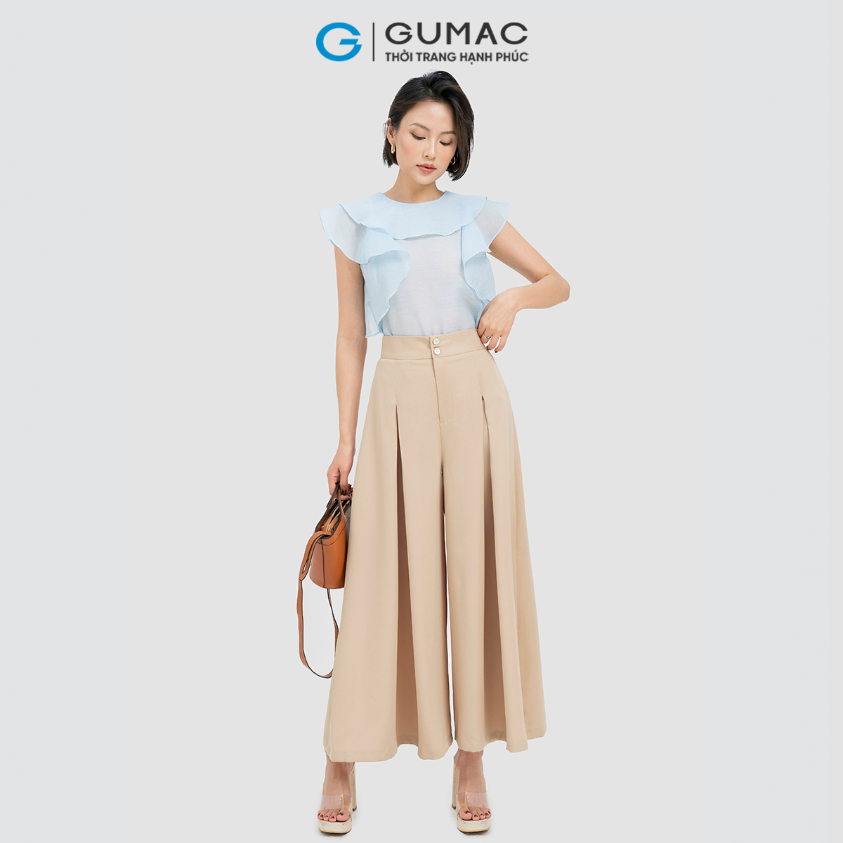 Quần dài nữ ống rộng phối ly thanh lịch tôn dáng thời trang GUMAC QD04025