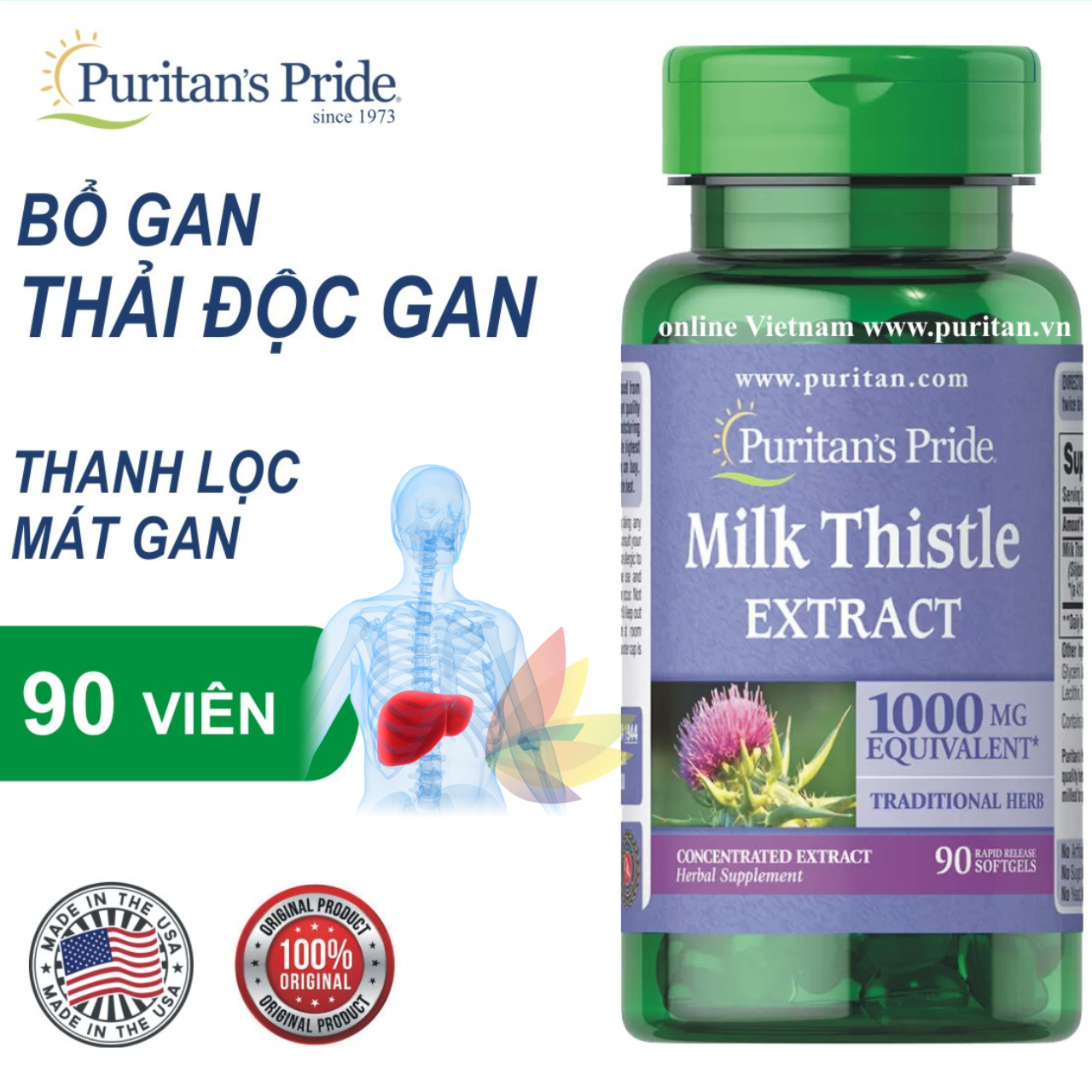 Bổ gan Puritan's Pride Milk Thistle Extract 1000mg Mỹ hỗ trợ giúp gan khỏe hơn, tăng sức đề kháng, hỗ trợ giải độc gan, giảm mụn - OZ Slim Store