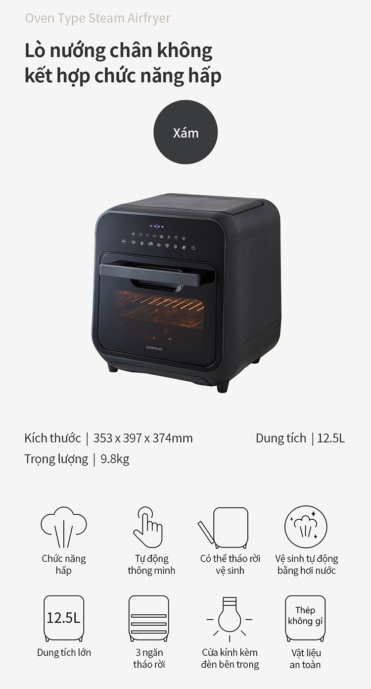 Lò nướng chân không kết hợp chức năng hấp Lock&Lock EJF693GRY Steam Air Fryer Oven (12.5 Lít) - Hàng chính hãng