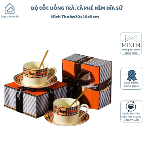 Bộ Cốc Uống Trà, Cà Phê Cao Cấp Kèm Đĩa Sứ Họa Tiết Tinh Tế - Quà Tặng Sang Trọng - HÀNG CHÍNH HÃNG MINIIN