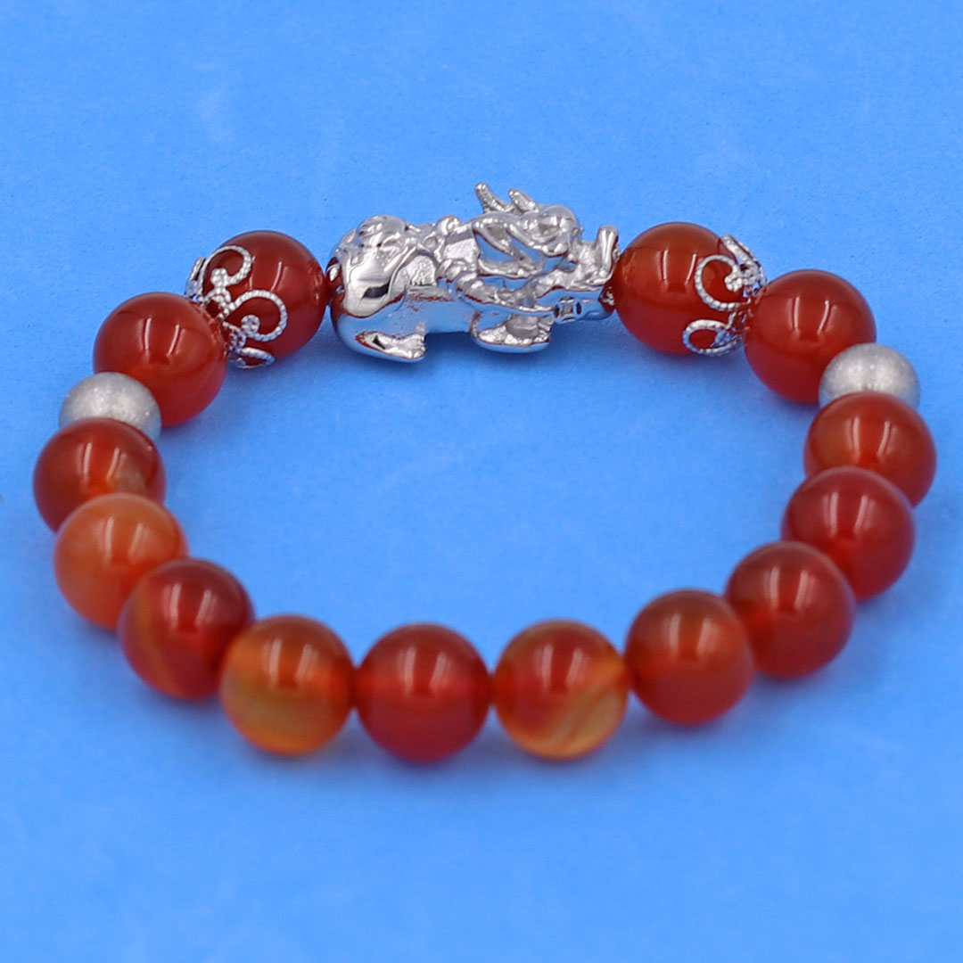 Vòng chuỗi đeo tay mã não cam 10 ly charm tỳ hưu inox, bi inox, khía bông inox, vòng tay phong thuỷ, vòng tay tỳ hưu