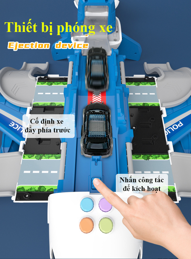 Bộ đồ chơi máy bay KAVY chở đồ kèm 4 xe cảnh sát bằng kim loại, có giàn cẩu, thang trượt, biển báo đa chức năng chạy pin