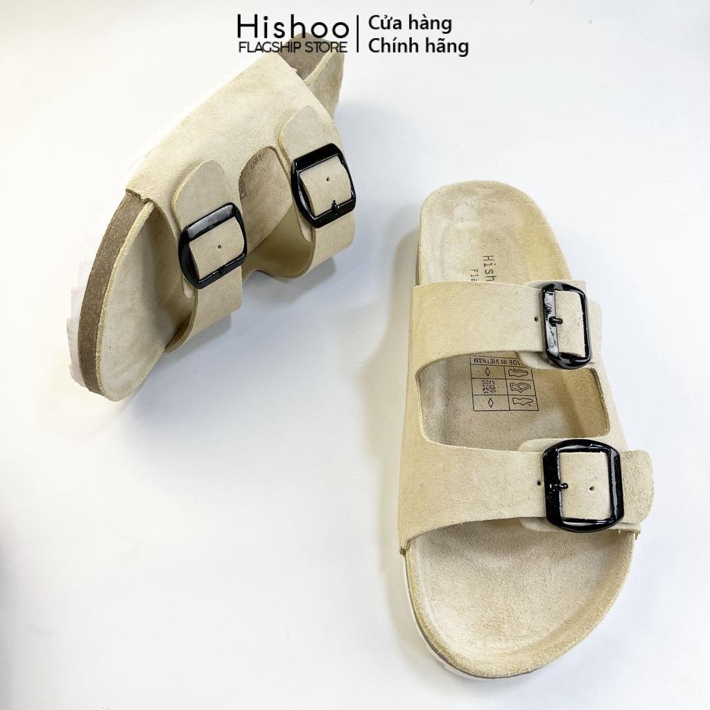 Dép đế chất liệu da bò birken nam nữ unisex quai ngang 2 khóa size 35 - 43 chính hãng Hishoo S109