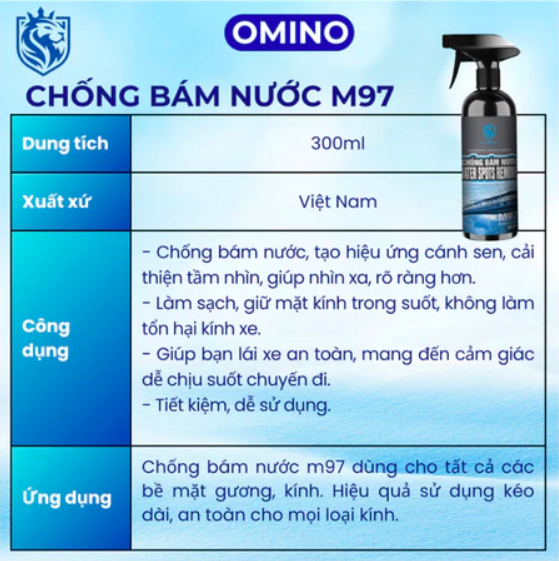 Xịt nano chống bám nước M97 OMINO Mr Ô Tô phủ kính xe, gương chiếu hậu, tạo hiệu ứng cánh sen - chống xước và bám bụi.