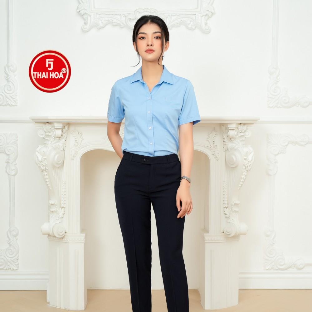 Áo sơ mi vải sợi tre thoáng mát màu xanh dương Sơ mi thời trang Thái Hòa N8919-03-01
