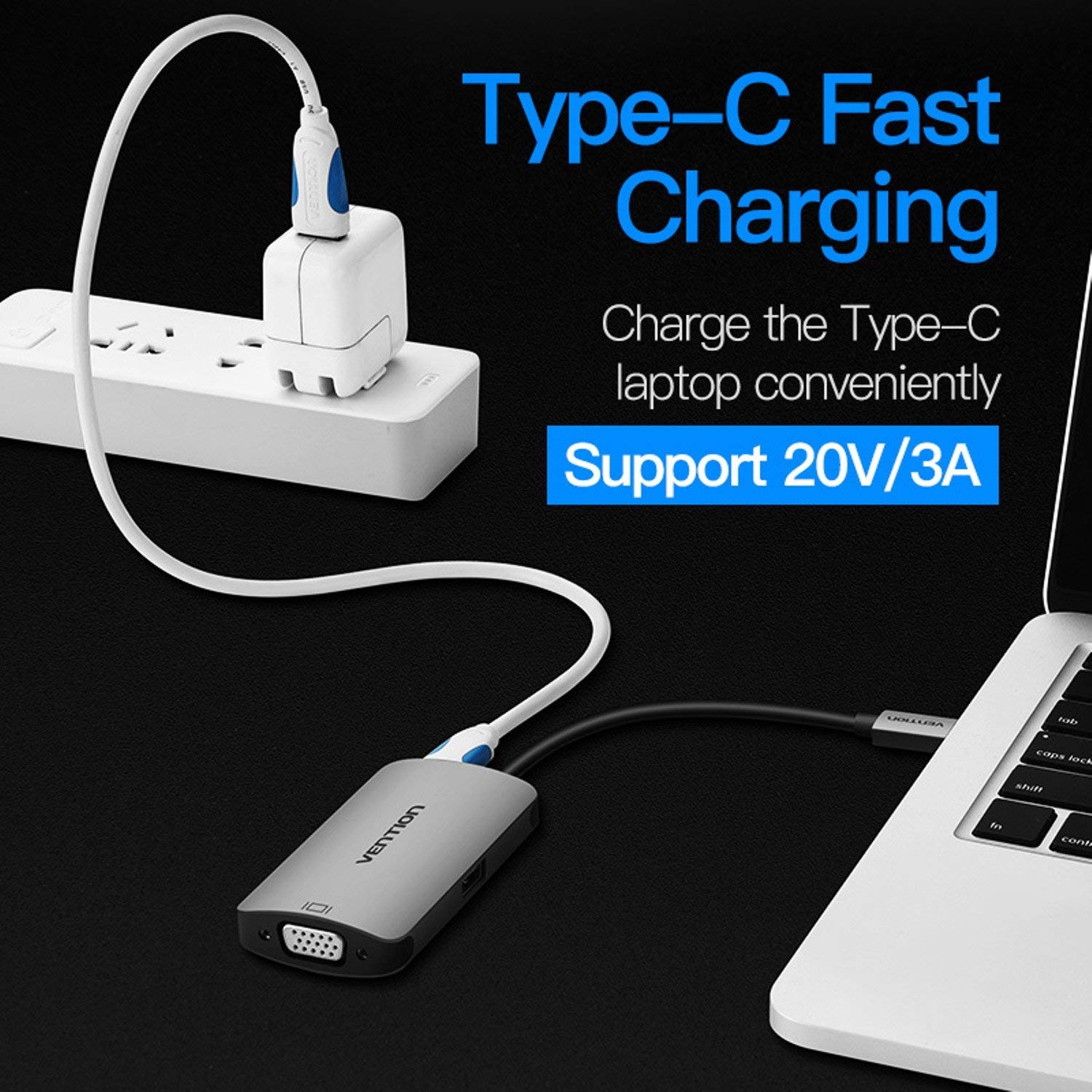 Cáp chuyển đổi Type-C sang VGA + 1 cổng USB 3.0 + Type-C PD hàng chính hãng Vention CGJHA