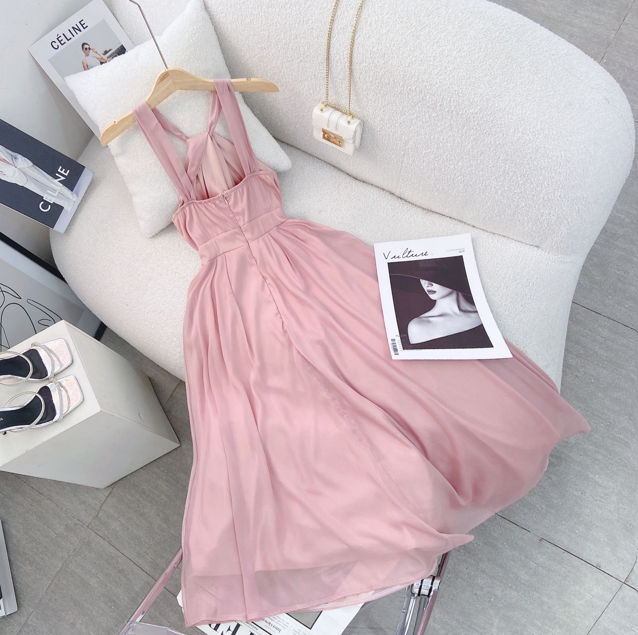 Đầm nữ váy nữ thời trang dự tiệc Rossy Fashion đầm midi cổ yếm xoắn ngực sang trọng