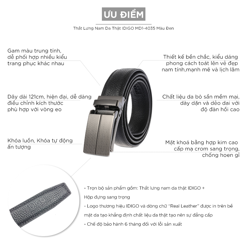 Thắt Lưng Nam Da Thật IDIGO MD1-4035 Màu Đen