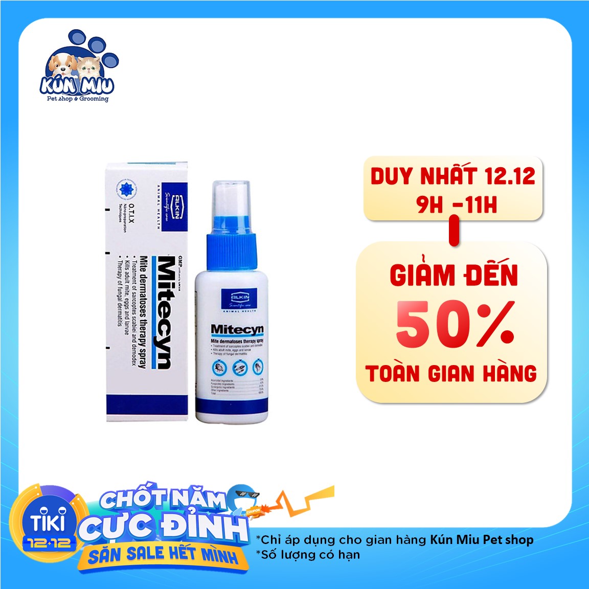 Dung dịch Xịt Trị Nấm Ghẻ Viêm Da Alkin Mitecyn 50ml (Animal Health)