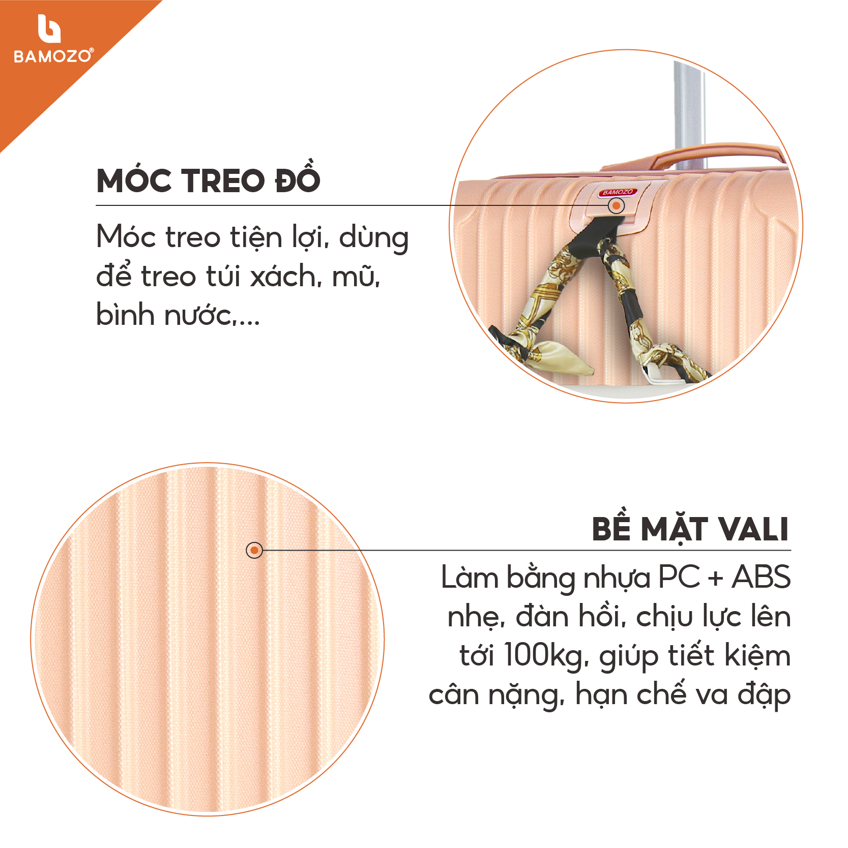 Vali du lịch BAMOZO 8801 MÀU HỒNG NHẠT size 20/24, vali kéo nhựa được bảo hành 5 năm.