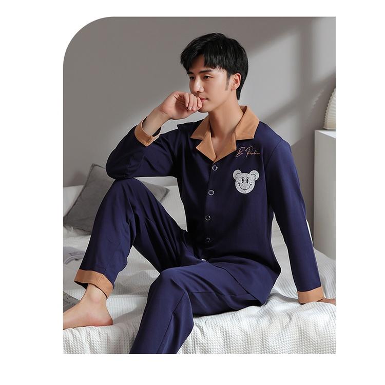 Bộ Pijama nam dài tay tông xanh nam tính, phối họa tiết gấu Panda rất cute đáng yêu, size L-3XL