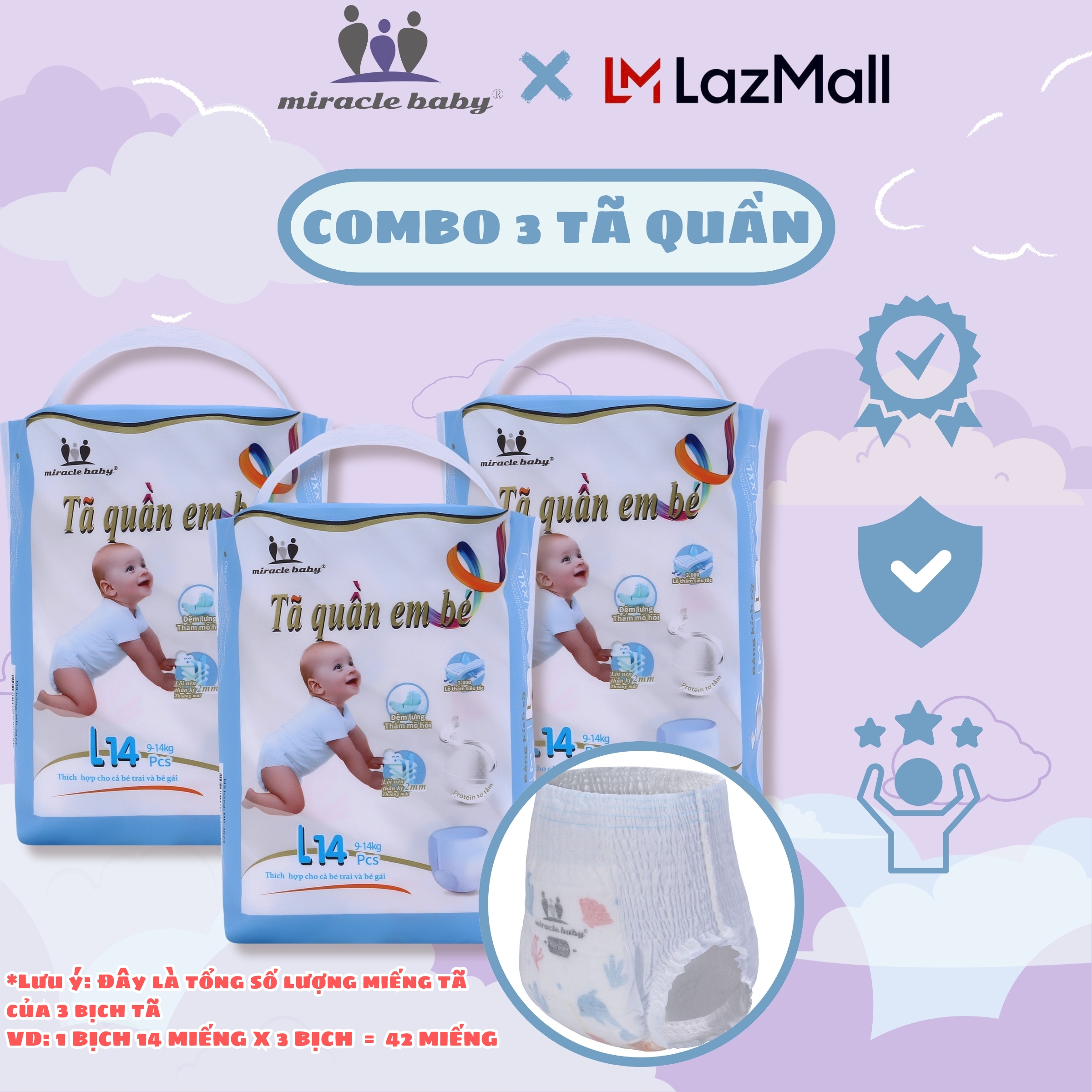 [COMBO 3] Tã quần/ Bỉm quần cho bé 6kg trở lên thương hiệu Miracle Baby , chất liệu cotton mềm mại thông mát có 4 size M16/L14/XL12/XXL10