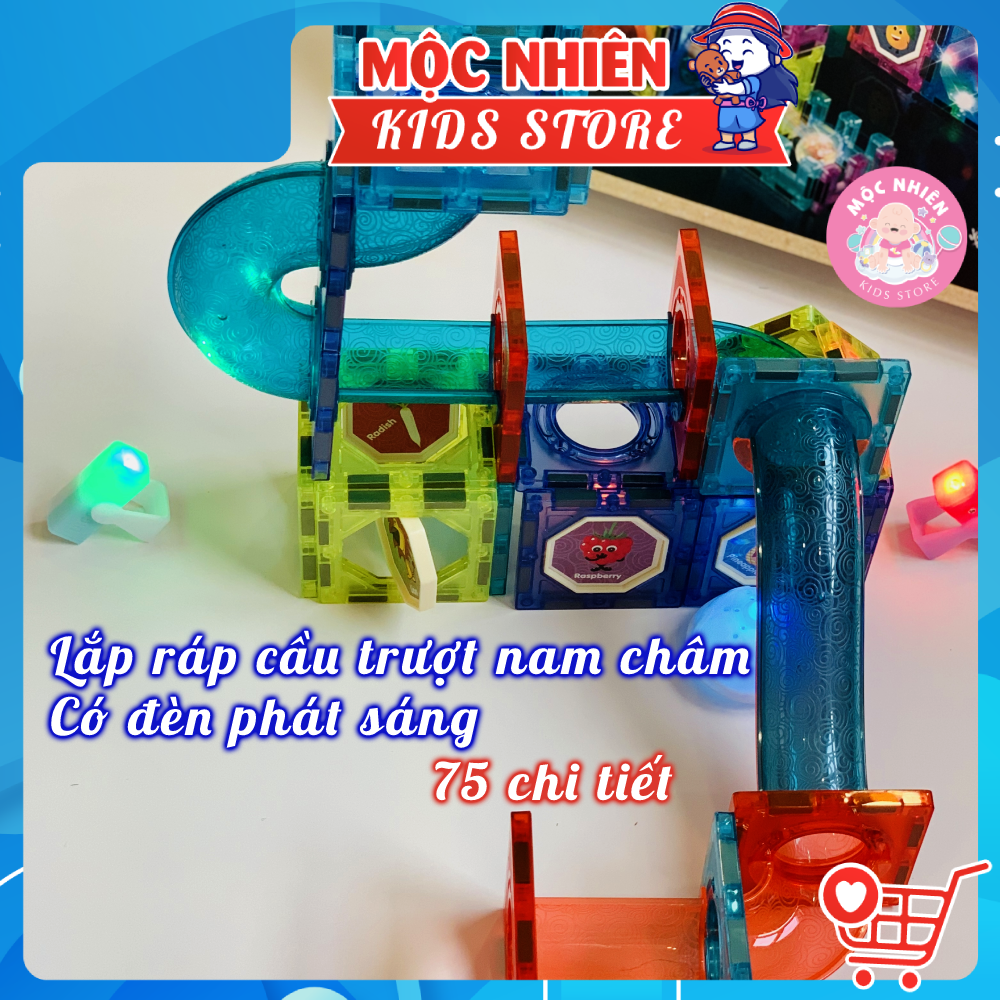 Đồ chơi xếp hình nam châm khối 3D cầu trượt thả bi sáng tạo (75 chi tiết) - Có đèn phát sáng