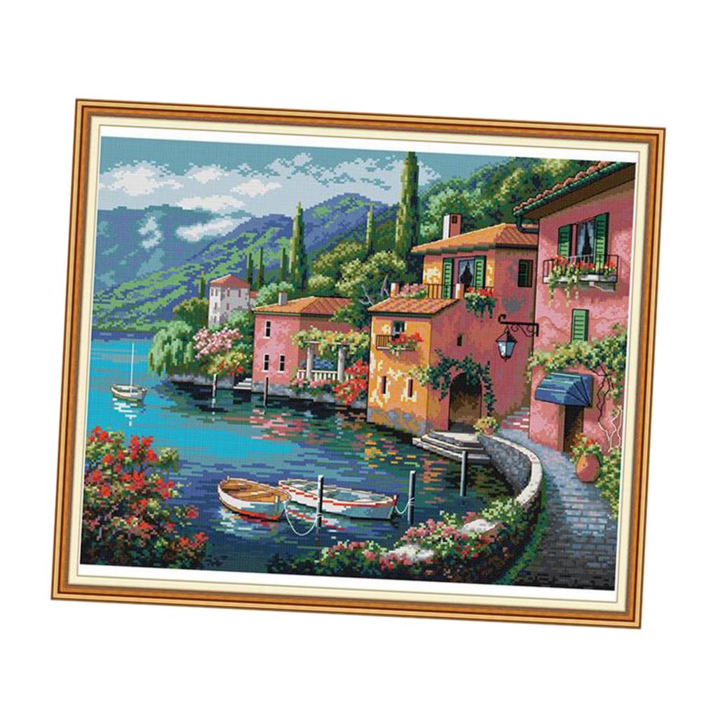 Stamped Cross Stitch Kit Small Town Pattern Embroidery Crafts 20x17in 14CT