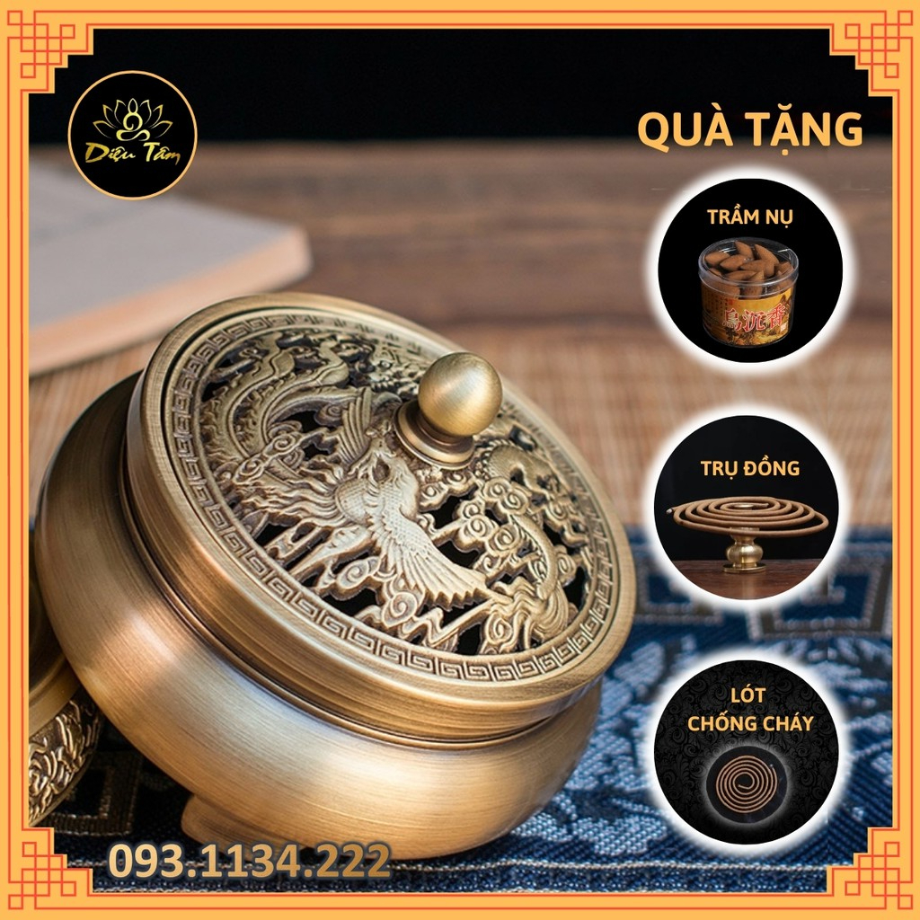 Lư đồng xông trầm đốt trầm thay cho lư điện - lư đốt trầm hương đồng nguyên khối tặng hồ lô đồng và lót chống cháy