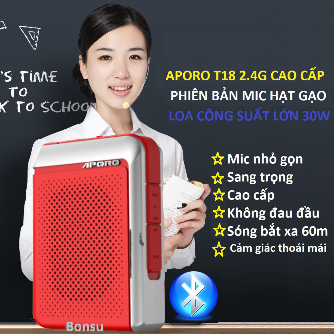 Loa trợ giảng Aporo T18 mic hạt gạo không dây dùng sóng 2.4G - hàng chính hãng