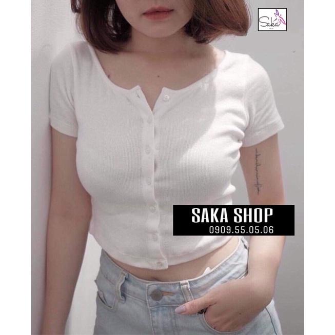 Áo croptop nút trắng &amp; đen vải thun gân tăm loại xịn