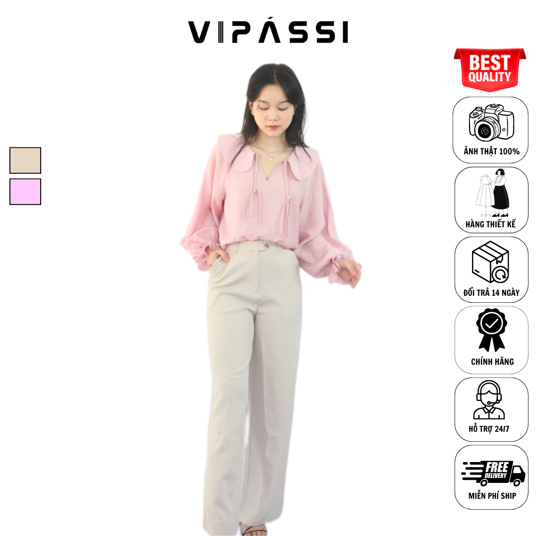 VIPÁSSI - Quần Tây Dài Dáng Suông Loe Nhẹ Khóa Kéo Lưng Cao Họa Tiết Quai Dê Ngắn