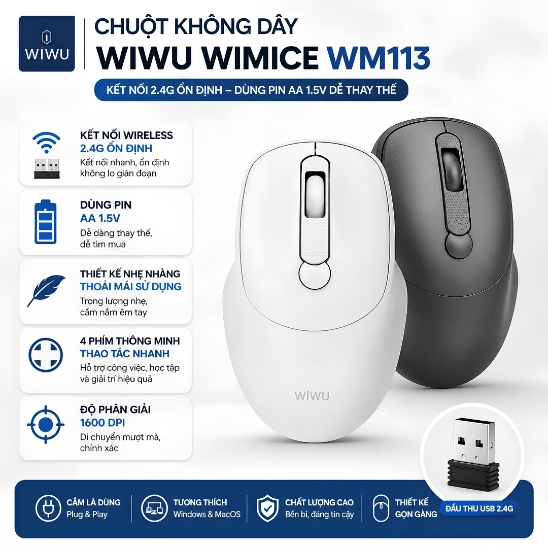 Chuột không dây Công nghệ AirGlide Wireless Mouse WiWU WIMICE WM113 2.4G Wireless Silent Click, DPI 1600, Siêu Nhẹ 58g, 4 Phím Thông Minh, Dùng Pin AA, Thiết kế công thái học ôm tay - hàng nhập khẩu