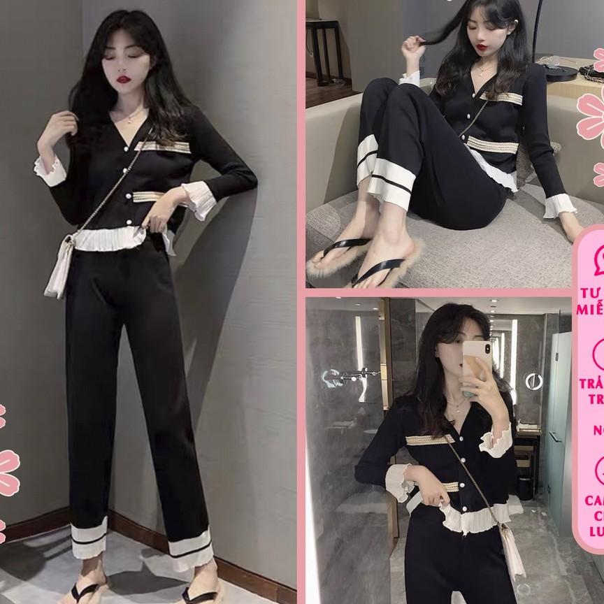 Set bộ len nữ ren viền bèo tiểu thư đồ bộ nữ len tăm dài tay cúc ngọc MÉTSHOP TR01