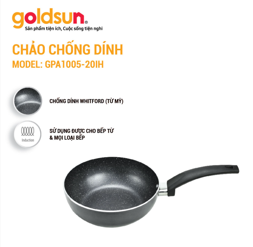 Chảo Chống Dính Đáy Từ Lòng Sâu GOLDSUN GPA1005-20IH Đường Kính Đáy 20 Cm Công Nghệ Chống Dính Mỹ Không Kén Bếp - Hàng Chính Hãng