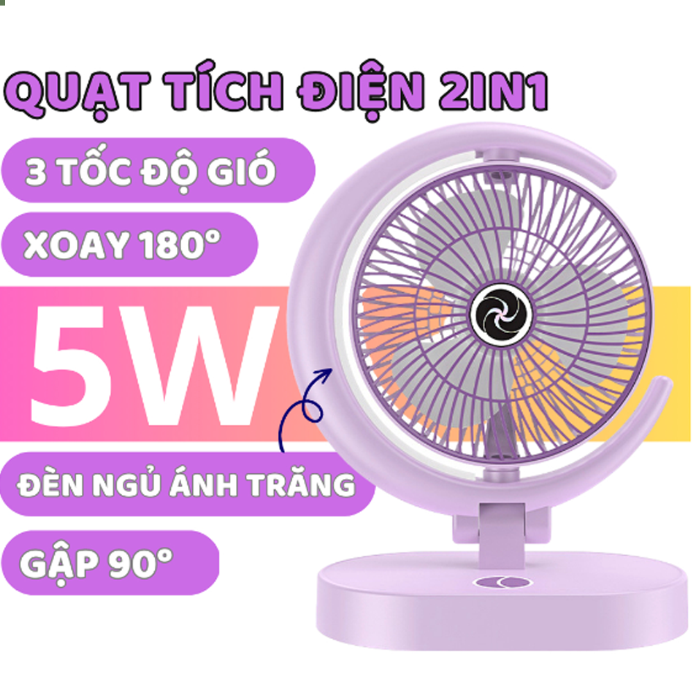 Quạt Để Bàn Tích Điện Mini 3 Cấp Độ Gió Teement, Tích Hợp Đèn Ngủ Động Cơ Không Tiếng Ồn Pin Pin 1200mah , Điều Chỉnh Lên Xuống 360°- Hàng Chính Hãng