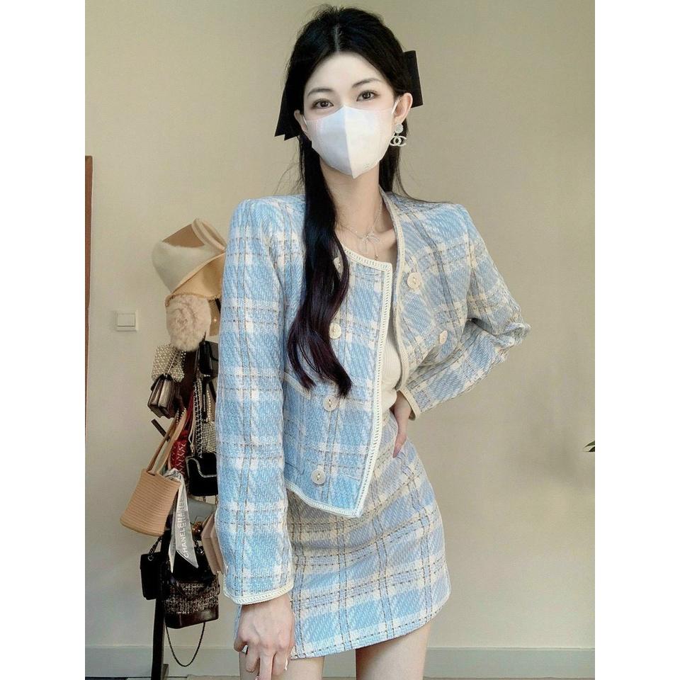 Set dạ 3 món xanh da khoác tweed áo  dây trắng kèm chân váy ngắn cá tính dịu dàng năng động
