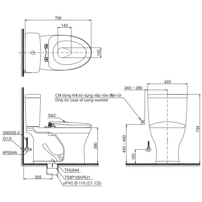 Bồn Cầu TOTO CS735DT8 Hai Khối Nắp TC600VS. Công nghệ xả thẳng Tornado êm, mạnh mẽ - Vật liệu xây dựng Big H