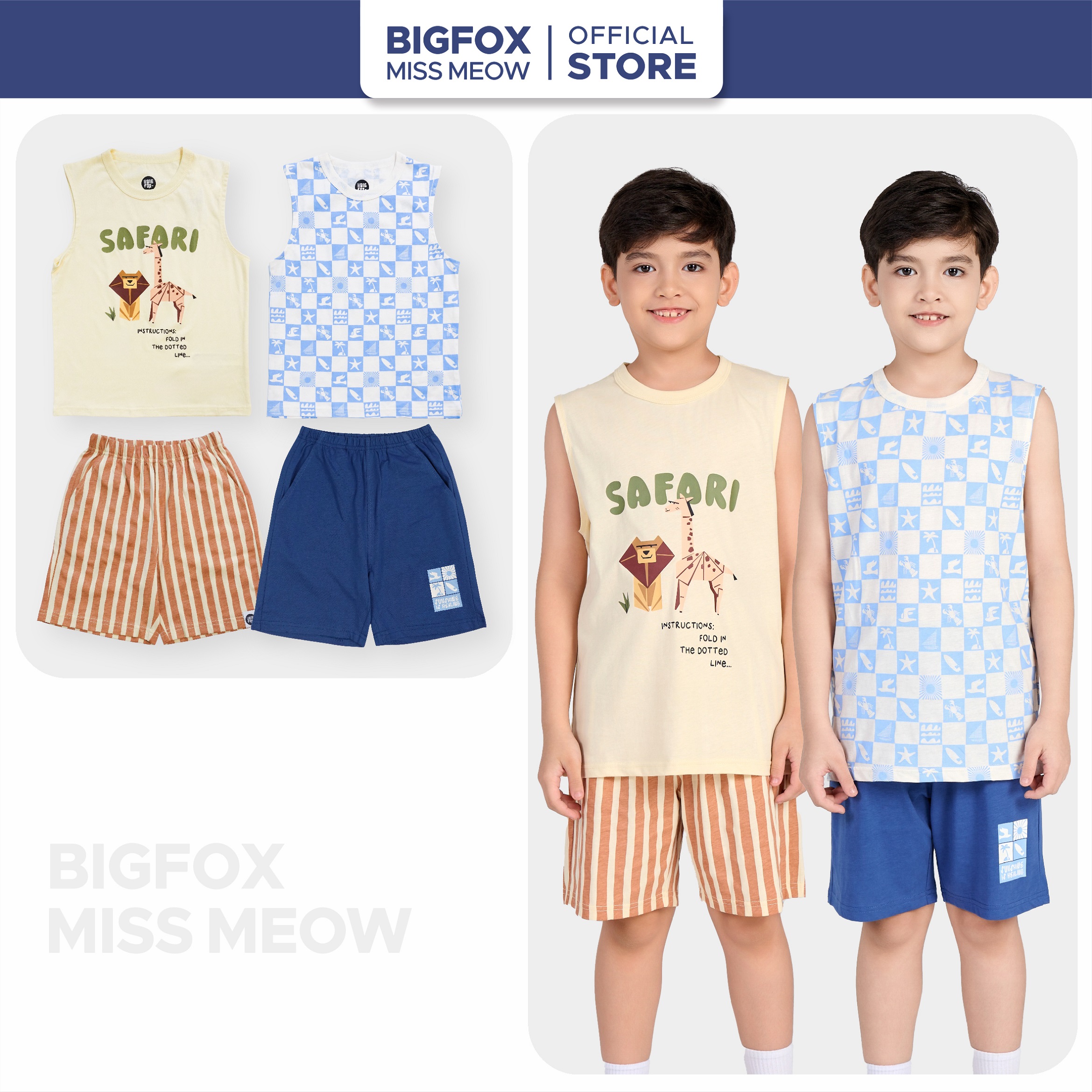 Bộ ba lỗ bé trai size đại Bigfox Miss Meow mặc nhà mùa hè vải cotton cho trẻ em nam 3-11 tuổi